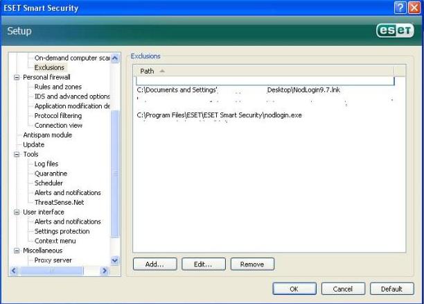 Eset Exclude folders sample screen